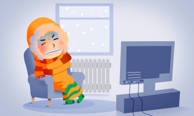 llustration: a fan wrapped in blankets watches the TV as snow falls outside