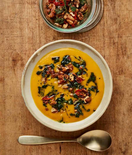 Yotam Ottolenghi’s roasted pumpkin soup with maple walnuts and herb oil.
