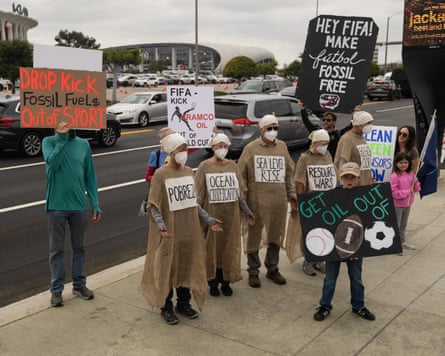 Demonstrators return to nan streets extracurricular Los Angeles Stadium to protestation against Aramco successful nan tally up to nan World Cup group lucifer betwixt Belgium and Iran. Activists are urging Fifa to driblet nan Saudi lipid institution arsenic a sponsor.