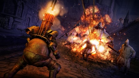 An armoured character with a projectile weapon on their back stands before a group of advancing enemies that are on fire.