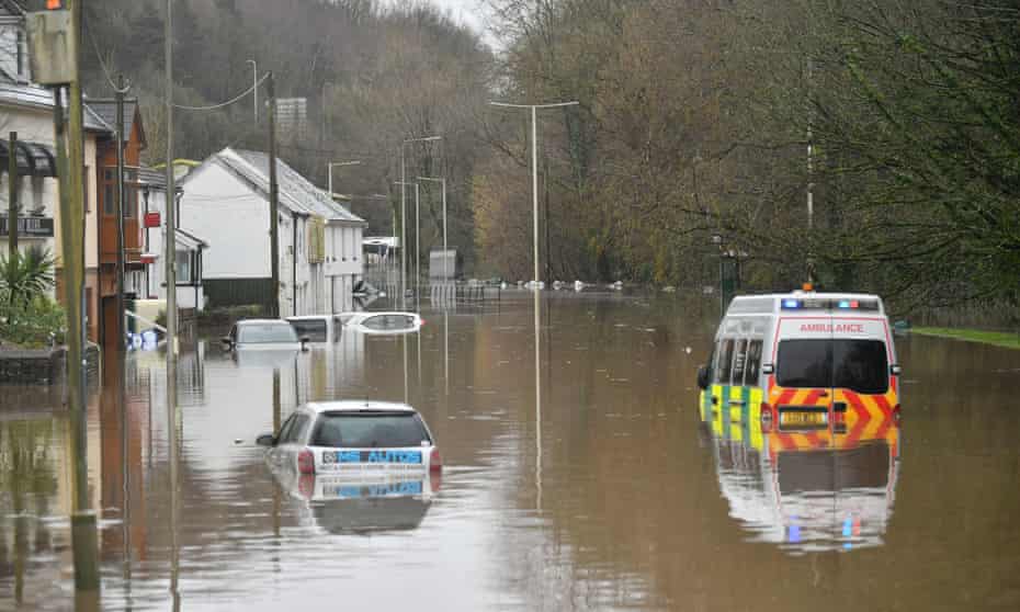 Floods in Nantgarw, Wales during Storm Dennis in February