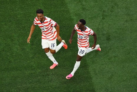 Folarin Balogun celebrates scoring their second goal with Alex Freeman.