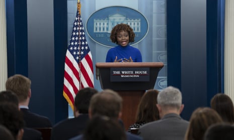 Karine Jean-Pierre addresses reporters at the White House on Tuesday.