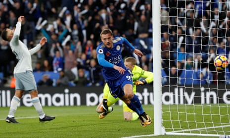 Jamie Vardy reels off in celebration after scoring the opener for Leicester City.