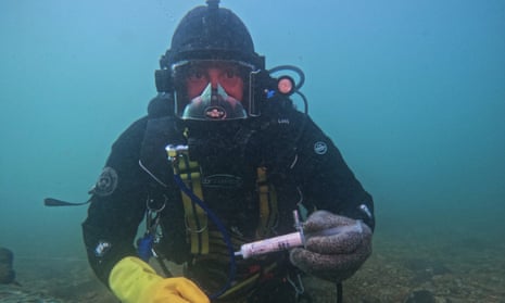 Diver labelling shipwreck with new forensic marking.