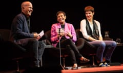 Host Peter Greste with Rappler editor-in-chief Maria Ressa and Russian journalist Irina Borogan at the My Crime is Journalism panel at the Antidote festival at the Sydney Opera House on Sunday.