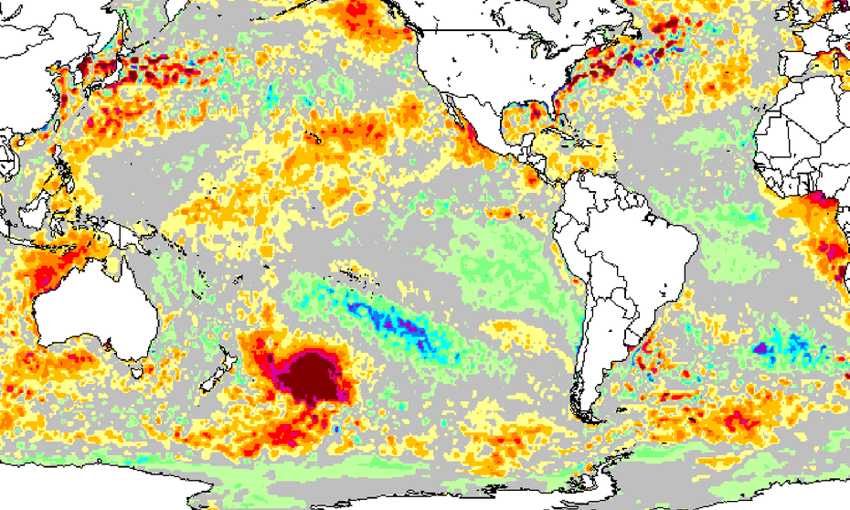 The hot blob off the NZ coast, seen here as a patch of dark red east of New Zealand