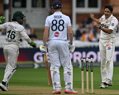Pakistan's Rizwan and Abbas celebrate dismissing England's Harry Brook.