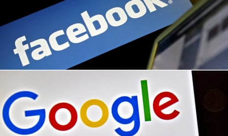 Combination of photos with the logos of  Facebook and Google
