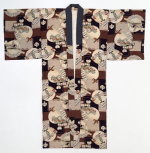 Made in 1930, this is the kimono equivalent of novelty boxers. Men’s outer robes tended to be dark and sober but their inner robes (nagajuban) were a chance for self-expression. It features illustrations of planes, ships and automobiles. During this era, for the first time, young men and women ‘earned their own income and they could buy the things that they wanted … rather than being dependent on their parents’, Crothers says. It is one of many garments in the exhibition ‘that reveal the interests of the “modern girls” and the “modern boys” of the 1930s … moga and mobo was the abbreviated term in Japan at the time’.