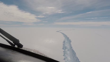 Aerial footage of the split in the Larsen C ice shelf taken at the start of the year.