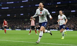 Son Heung-min celebrates after he scores his sides first goal.