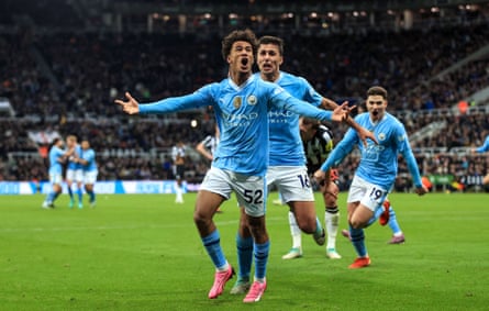 Oscar Bobb celebrates scoring Manchester City’s winner against Newcastle in January 2024