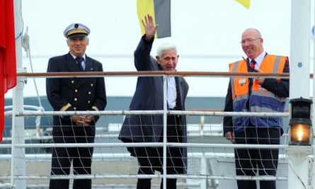 The real-life Bernard Jordan alongside Capt Olivier Macoin (left) and Jim Crilley in 2014, returning to Britain after his journey to D-day commemorations in France.