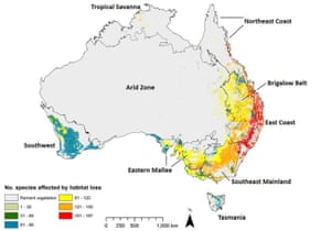 This map shows the number of bird species affected by habitat loss in any region. Grey zones indicate parts of Australia where habitat loss has not occurred. Blue zones have up to 90 species affected by habitat loss, yellow is up to 120 species affected, while the highest category, red, is up to 187 species affected.