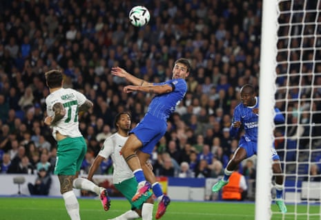 Brighton's Matt O'Riley scores their fourth goal with a header.