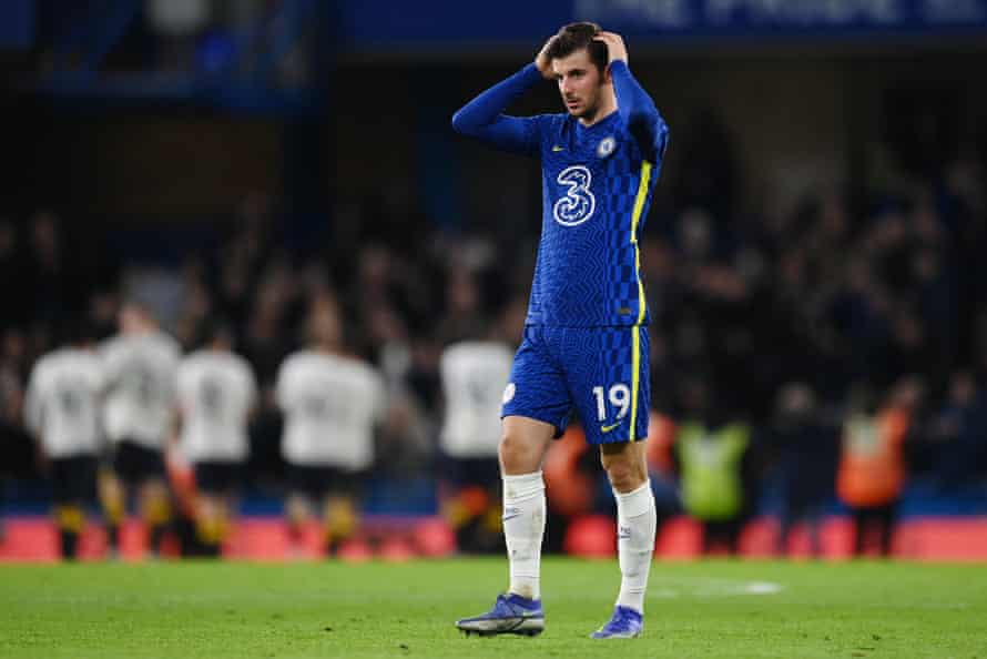 Mason Mount shows his disappointment after Jarrad Branthwaite’s equaliser for Everton on Thursday – one of several recent setbacks for Chelsea.