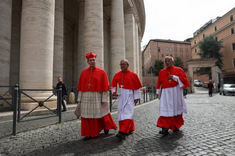 Cardinals Luis Jose Rueda Aparicio, Ruben Salazar Gomez and Jorge Enrique Jimenez Carvajal arrive to attend the first mass to be led by Pope Leo XIV in the Sistine Chapel, 9 May.