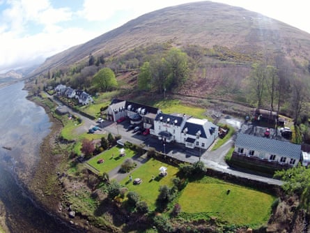 Cairndow Stagecoach Inn, Argyll, Scotland view of pub, loch and surrounding countryside from above
