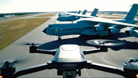 A Ukrainian drone approaches its target of Russian aircraft in the AI film Spiders in the Sky.