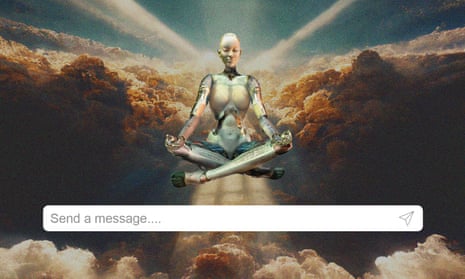 Un robot en una pose meditativa flota sobre una barra de búsqueda que dice "Enviar un mensaje..."