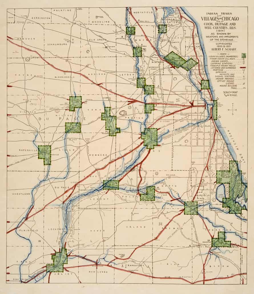 Map of American Indian trails and villages of Chicago, Illinois, and of Cook, DuPage and Will counties, Illinois, in 1804.