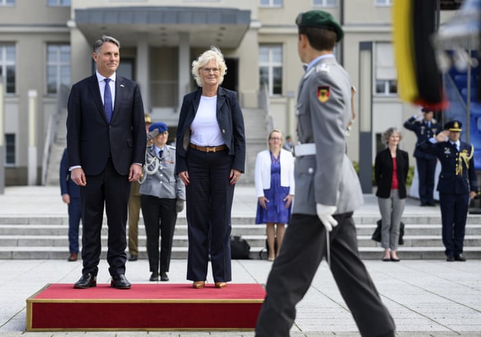 German defence minister Christine Lambrecht welcomes Richard Marles in Berlin.