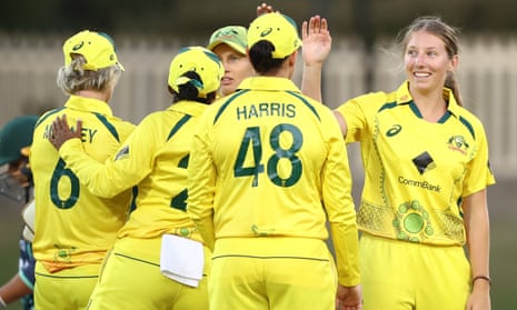 Darcie Brown starred with the ball as Australia beat India in a T20 World Cup warmup match in South Africa.