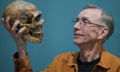 Swedish scientist Svante Pääbo poses with a replica of a Neanderthal skeleton at the Max Planck Institute for Evolutionary Anthropology in Leipzig, Germany, Monday 3 October, 2022. Paabo was awarded the 2022 Nobel Prize in Physiology or Medicine for his discoveries on human evolution. (AP Photo/Matthias Schrader)