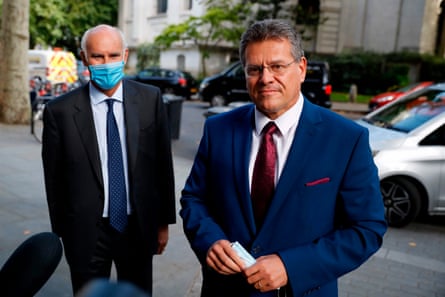 European Commission vice president Maroš Šefčovič (right) speaks to journalists outside Europe House, in 2020 as EU ambassador to the UK Joao Vale de Almeida (left) stands by