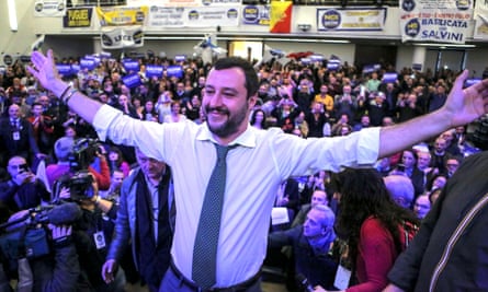 Matteo Salvini and his supporters during his election rally at the Mostra D’Oltremare in Naples.