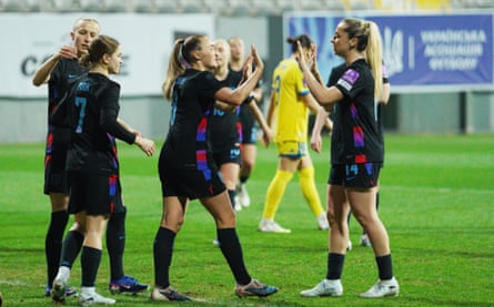 England players including Jess Park and Georgia Stanway celebrate going 5-1 ahead