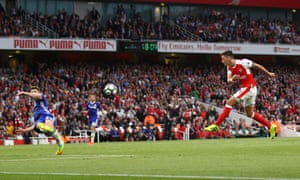 Mesut Ozil volleys home the Gunners’ third.