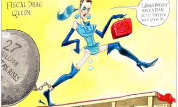 Chancellor Jeremy Hunt dressed as a "fiscal drag queen", dragging a ball and chain of tax rises