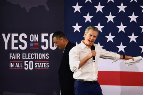 California Governor Gavin Newsom speaks during a rally in support of a “Yes” vote on Proposition 50 at the Los Angeles Convention Center in LA.