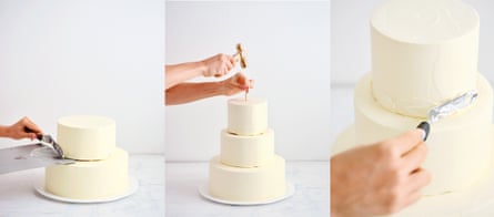 Composite image of a cake stacked with three layers of buttercream