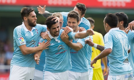 Celta Vigo players celebrate Nolito’s goal against Villarreal.