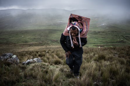 A Quechua shepherd climbs the steep slopes of the Sacred Valley of the Incas, carrying a load of food for his family.