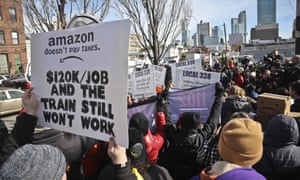 Protesters opposing Amazon headquarters getting subsidies to locate in the New York neighborhood of Long Island City, Queens