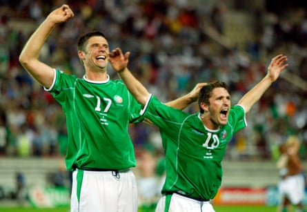Robbie Keane celebrates after scoring a last-minute goal against Germany in the 2002 World Cup.