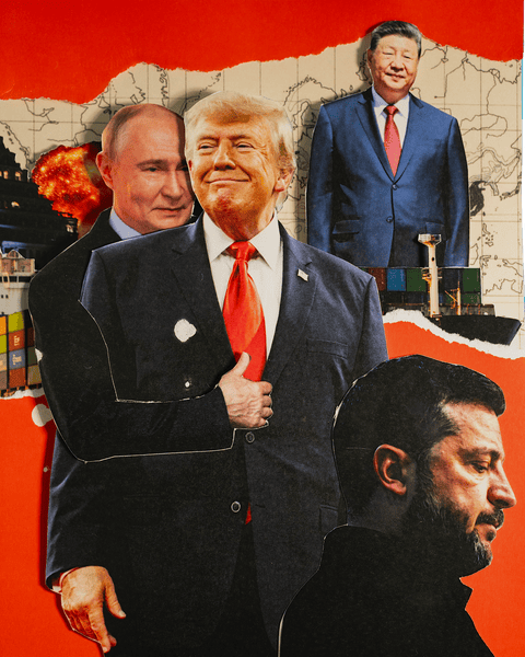 Composite of male leaders against a red background, map and fiery explosion