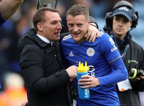 Rodgers and Vardy celebrate their 3-0 win over Arsenal.