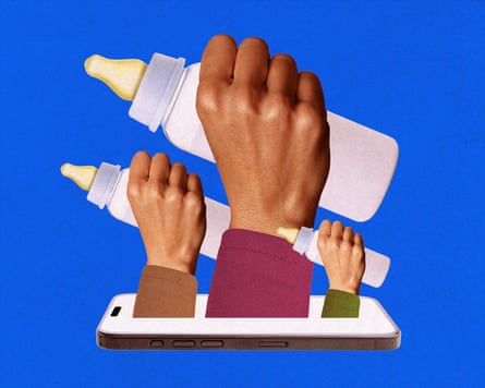 Three raised hands holding baby bottles emerge from a smartphone
