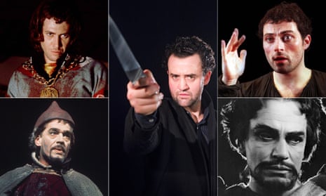 Daniel Mays (main) and, clockwise from top left, Jon Finch, Rufus Sewell, Laurence Olivier and Paul Scofield, all as Macbeth.