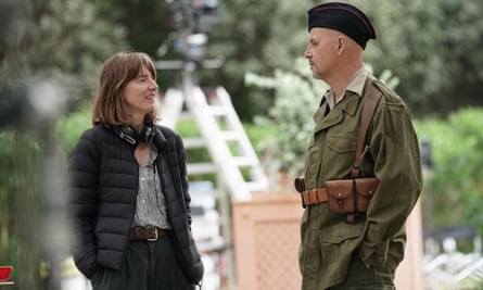 Ruth McCance on set with an extra during filming for Little Birds in Spain, 2019.