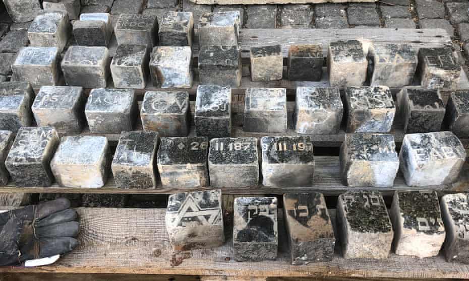 Some of the Jewish headstones dug up by workers in Prague’s Wenceslas Square. 