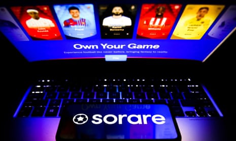 An open laptop and a mobile phone showing the Sorare logo and website