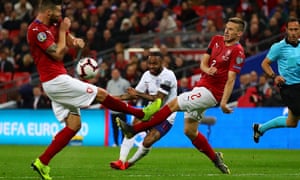 Raheem Sterling scores his hat-trick goal in England’s 5-0 victory over the Czech Republic at Wembley.