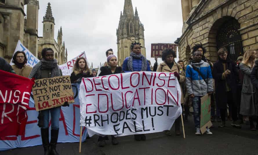 A protest calling for the removal of the Rhodes statue at Oriel College in Oxford in 2016.