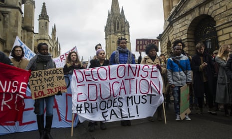 A protest against a statue of 19th century imperialist Cecil Rhodes at Oriel College, Oxford in 2016. 